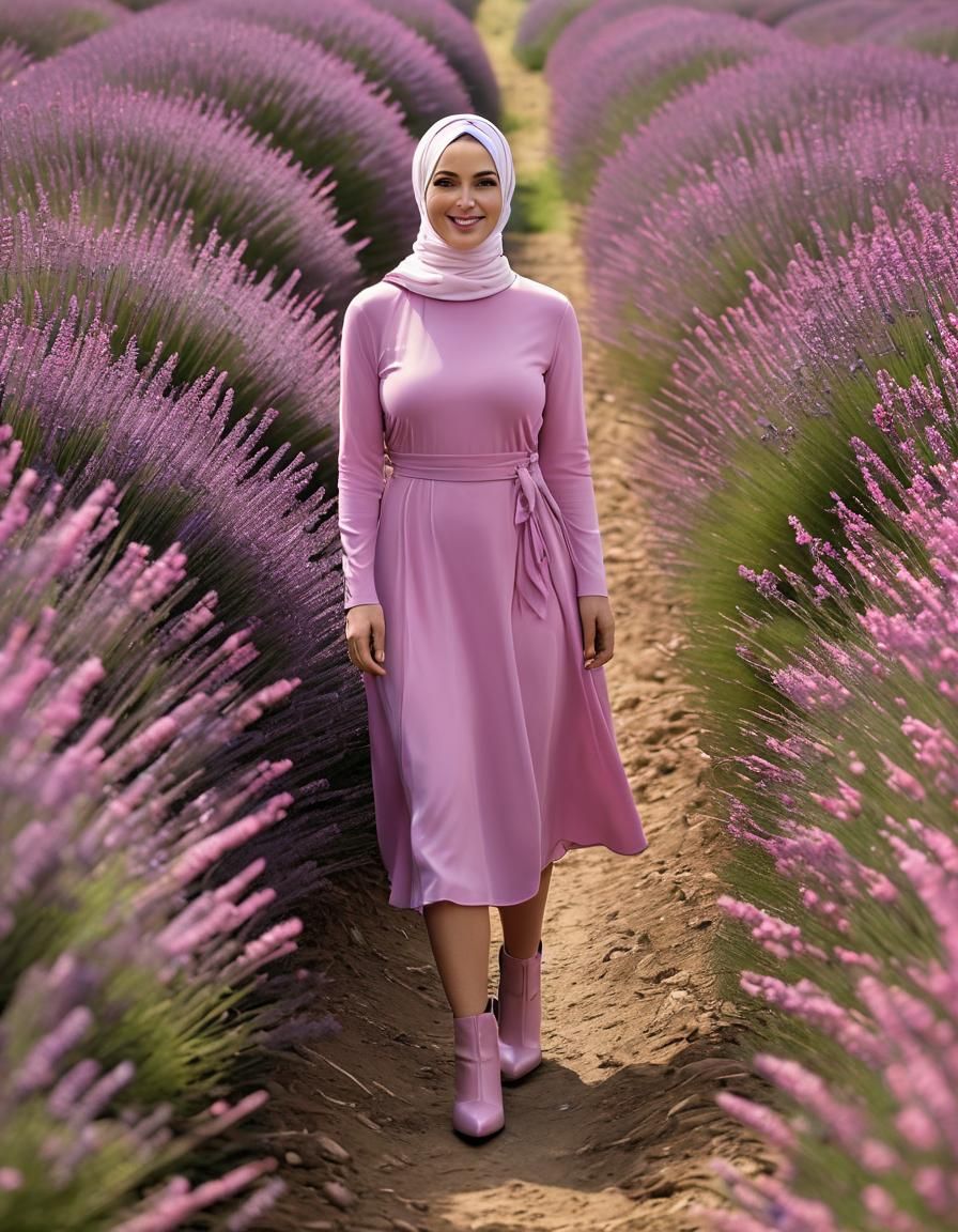 Confident Woman Strolls Through Lavender Fields in Soft Pink...