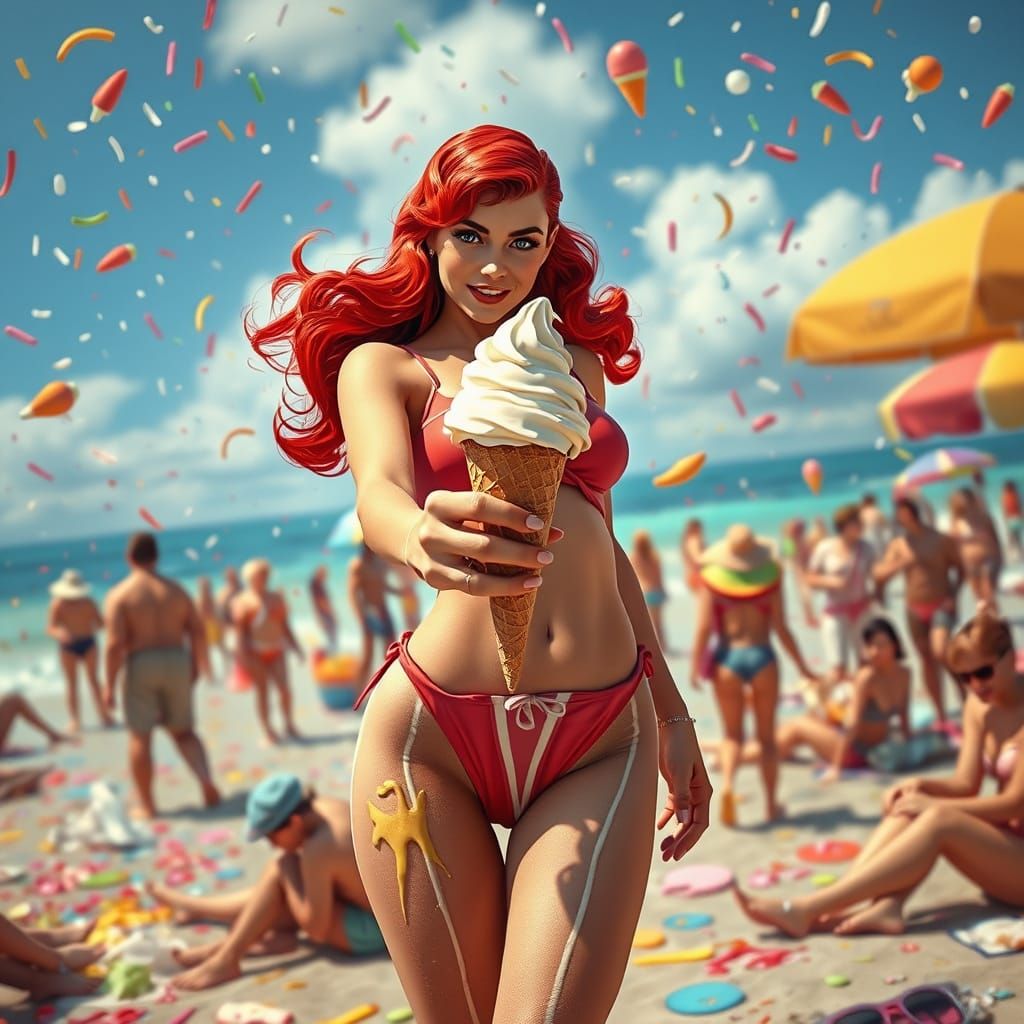 Vibrant Redhead Enchantress in a 1950s Swimsuit, Ice Cream i...