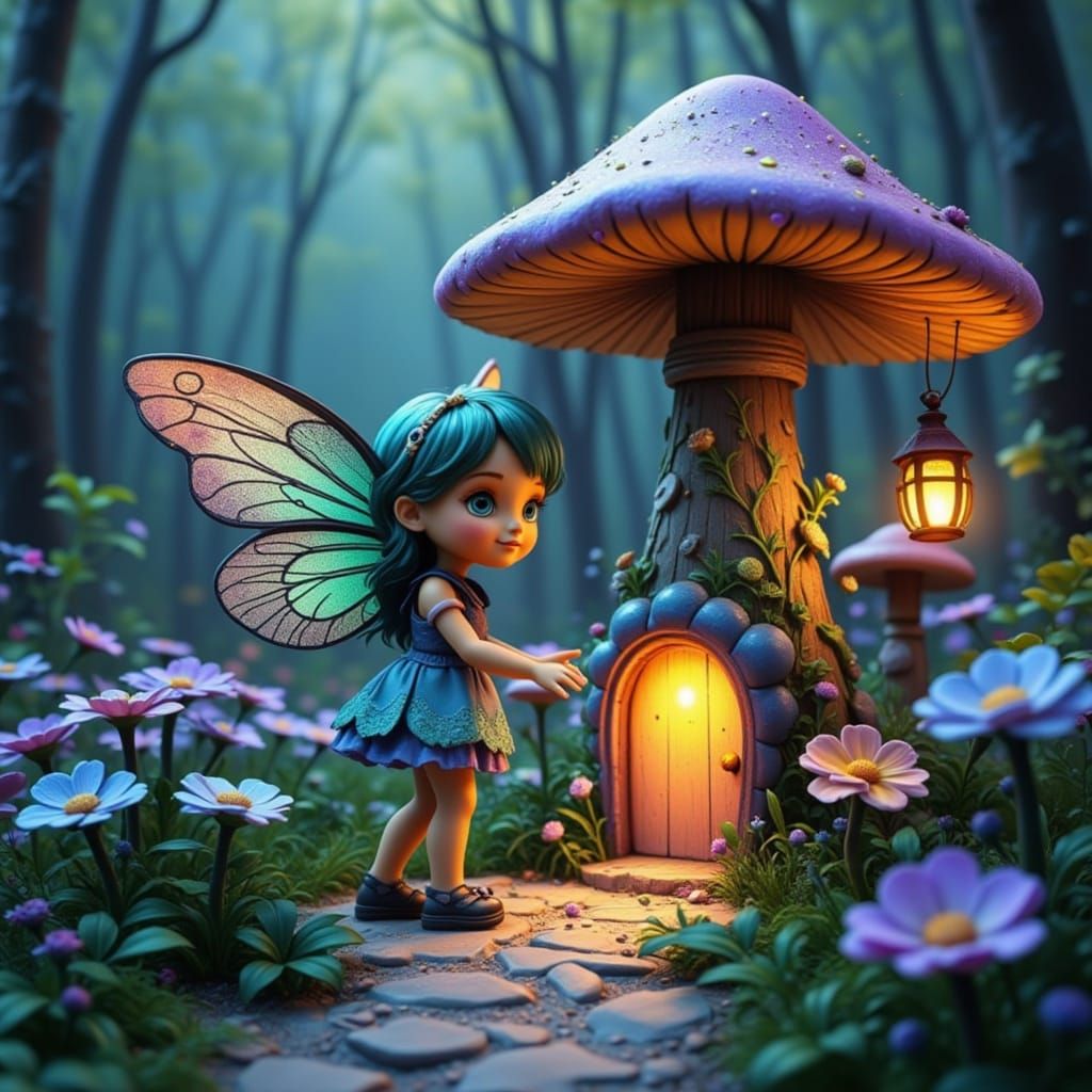 Delicate Fairy in Whimsical Mushroom House