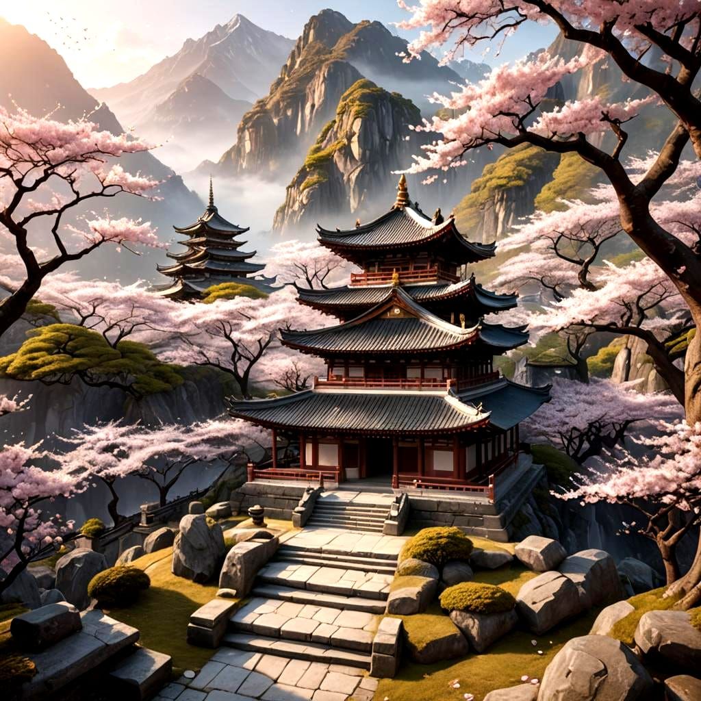 Mountain Temple at Dawn: Fantasy Concept Art