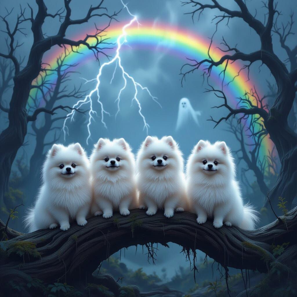 Pomeranians in Stormy Forest with Lightning and Rainbow
