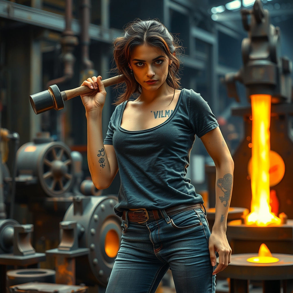Factory Woman Forging Sword in Hyperrealism Style