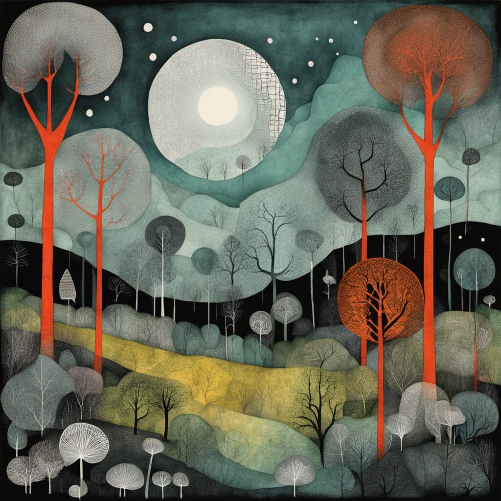 Mystical Black and White Forest Inspired by Paul Klee