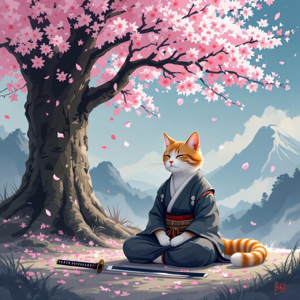 Samurai Cat Meditating Under Cherry Blossoms in Moonlight