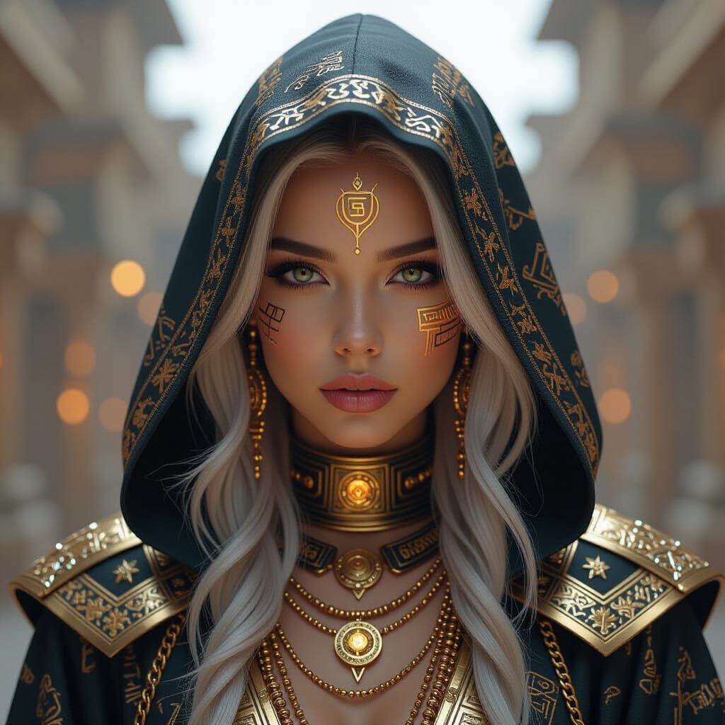 Golden Tattooed Girl in Sci-Fi Mystique