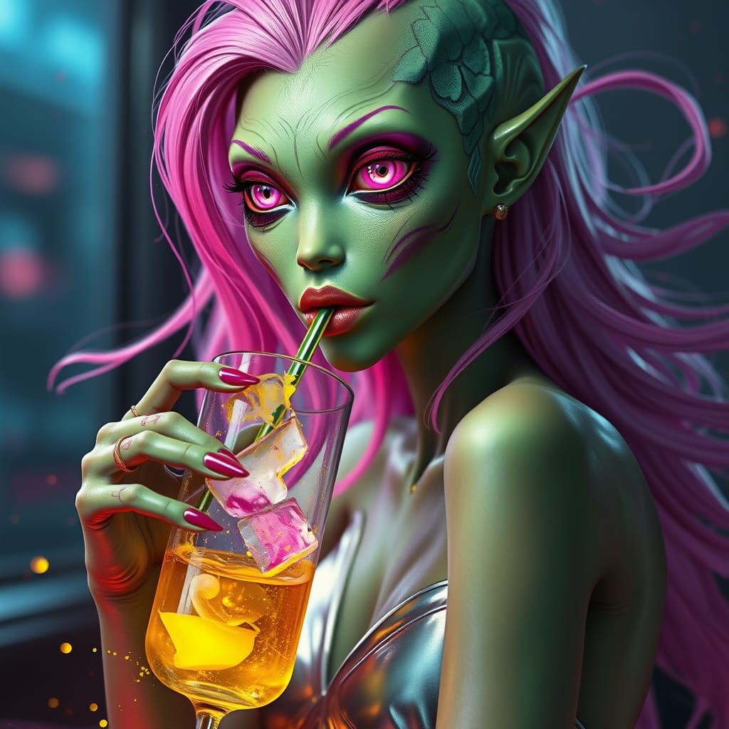Alien Woman Sipping Drink in Alcohol Ink Style