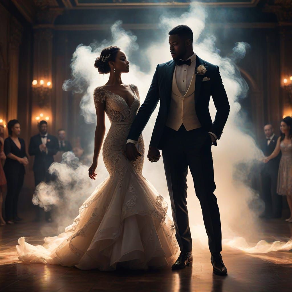 Elegant Black Groom and Mixed-Race Bridegroom Dancing on Wed...