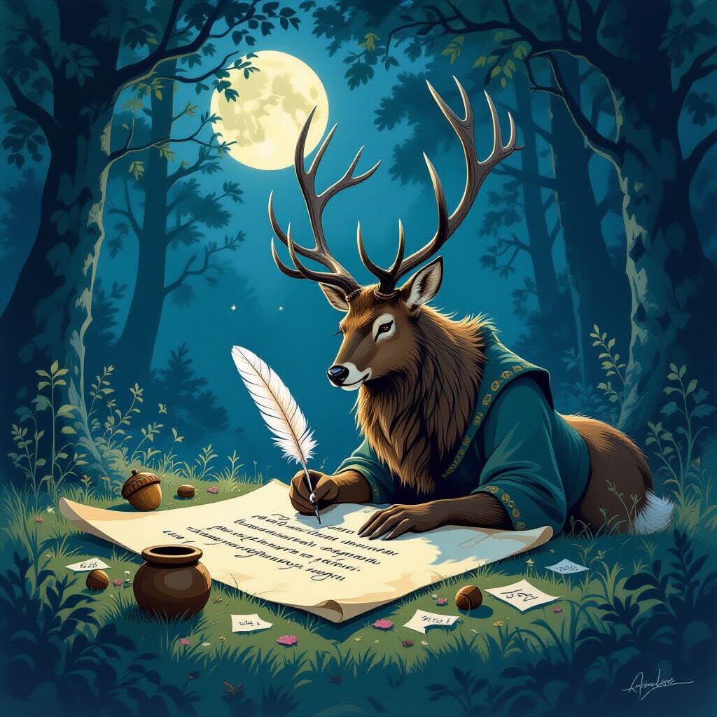 Majestic Stag Master Calligrapher in Moonlit Glade
