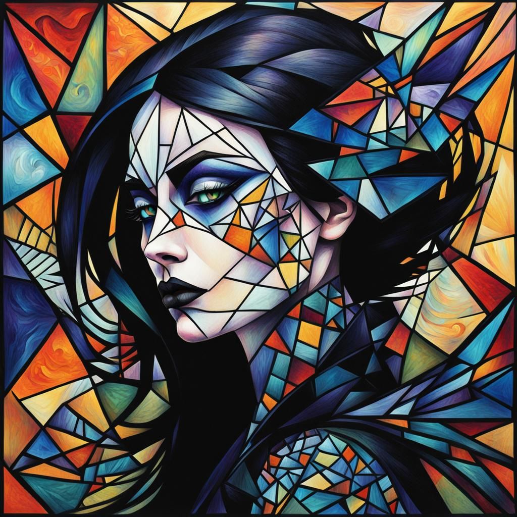 Cubist Goth Woman with Geometric Wings