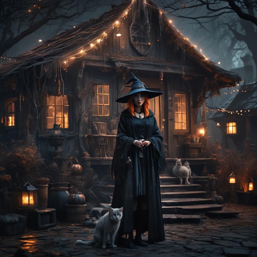 Cyberpunk Witch and Cat in Halloween Hut