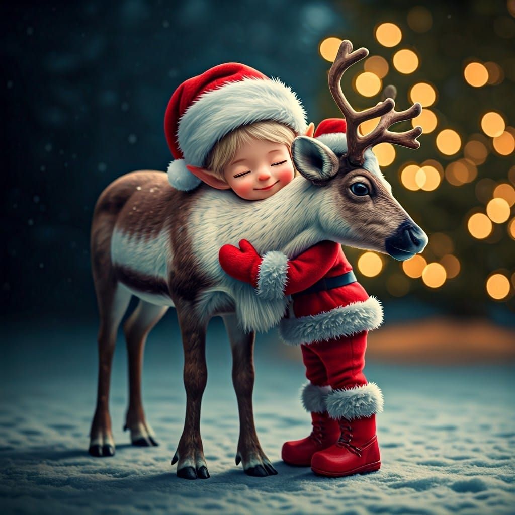 Elf Hugs Reindeer on Snowy Christmas Eve