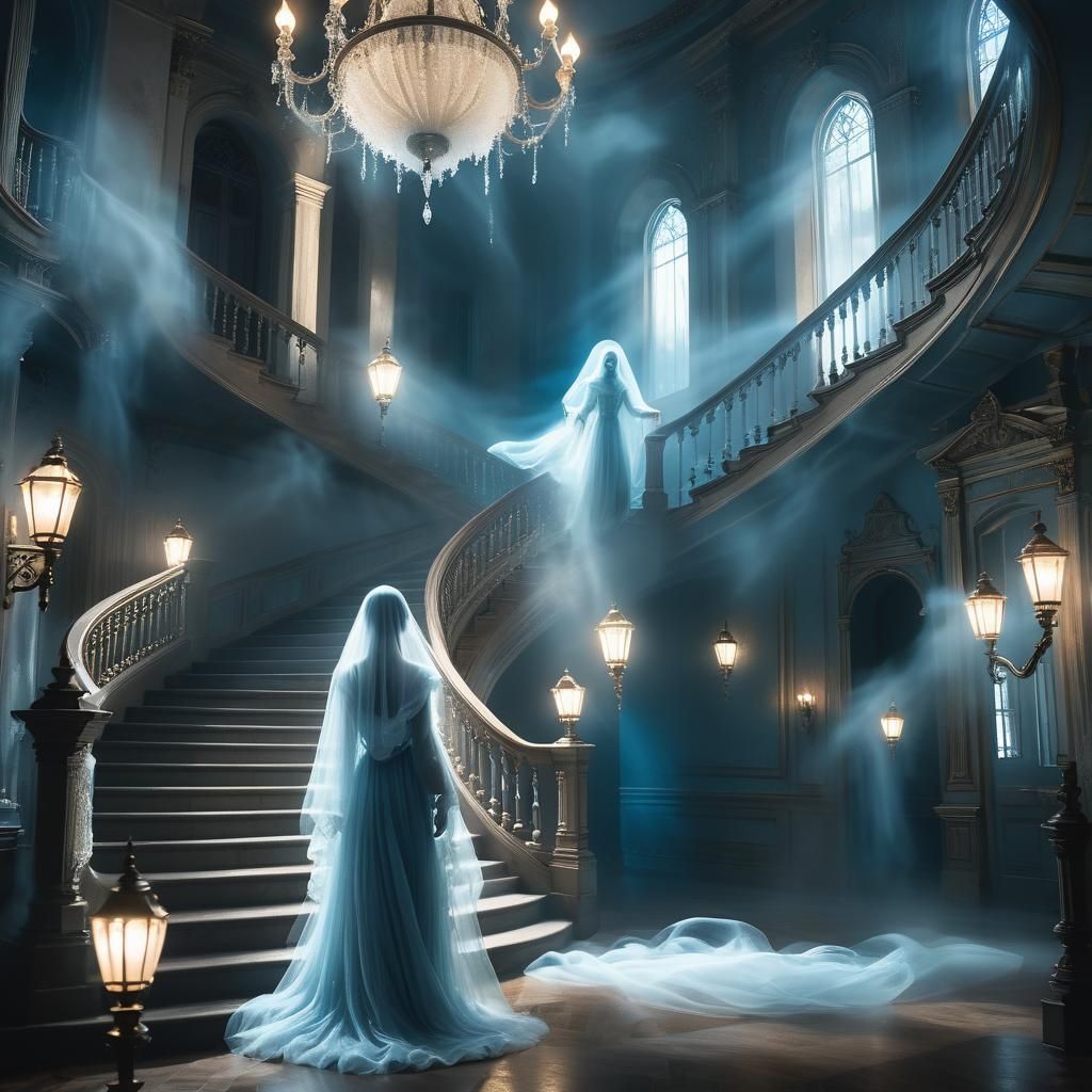 Ghostly Figure in Abandoned Mansion: Ethereal Digital Art