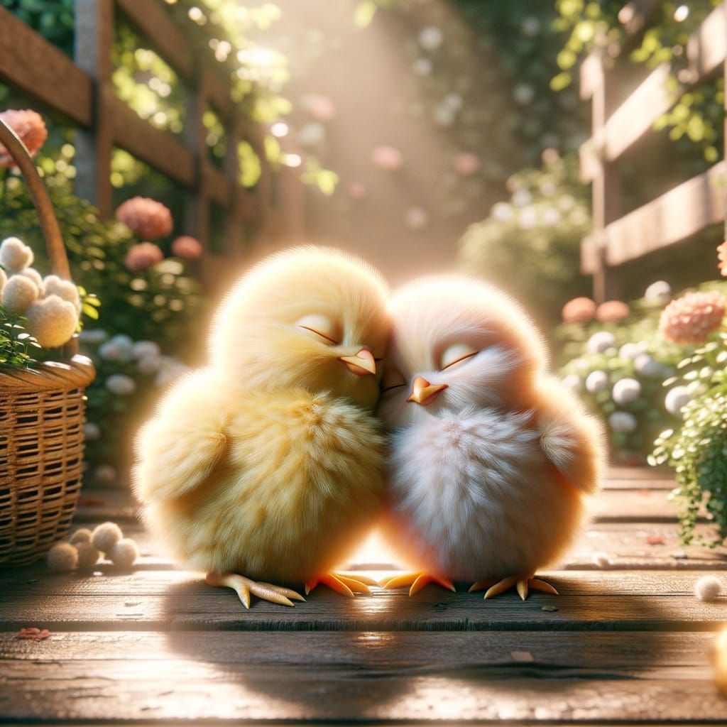 Adorable Chicks Cuddling in a Charming Garden