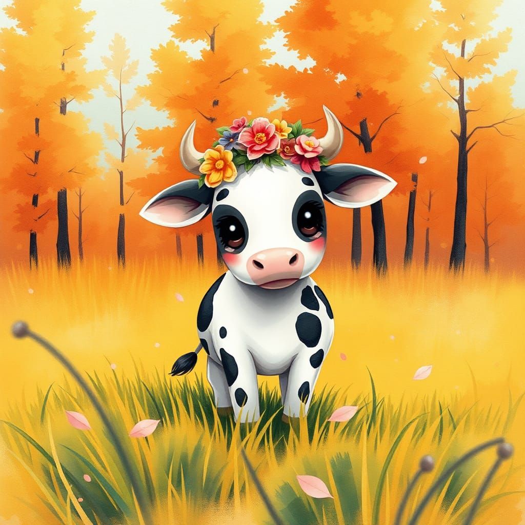 Chibi Cow in Autumn Field, Watercolor Style