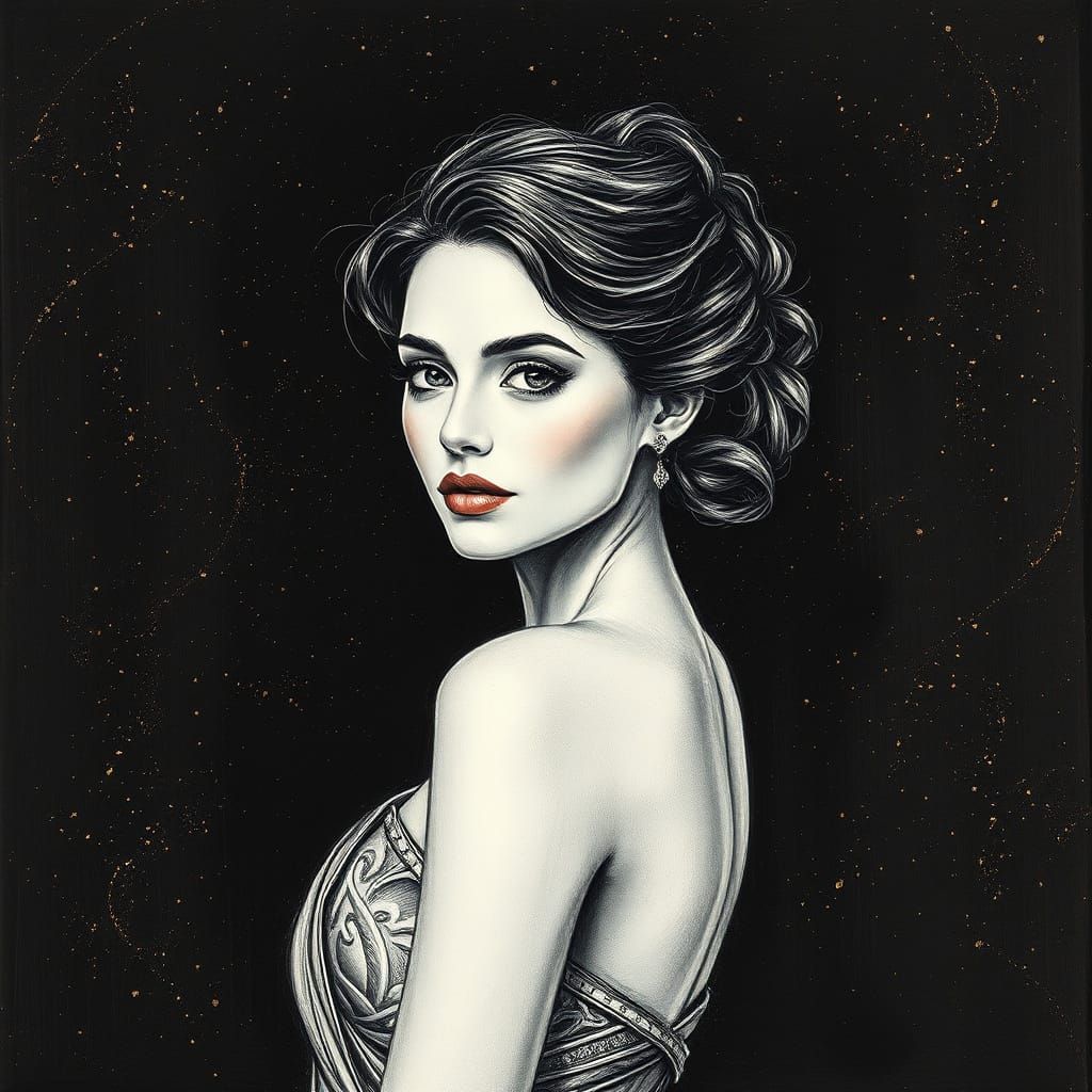 Elegant Woman in Gold, Pencil Drawing Style