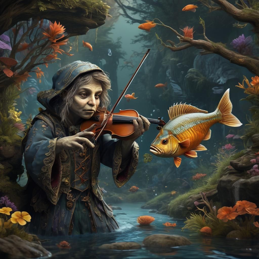 Fantastical Fish Playing Fiddle in Detailed Painting