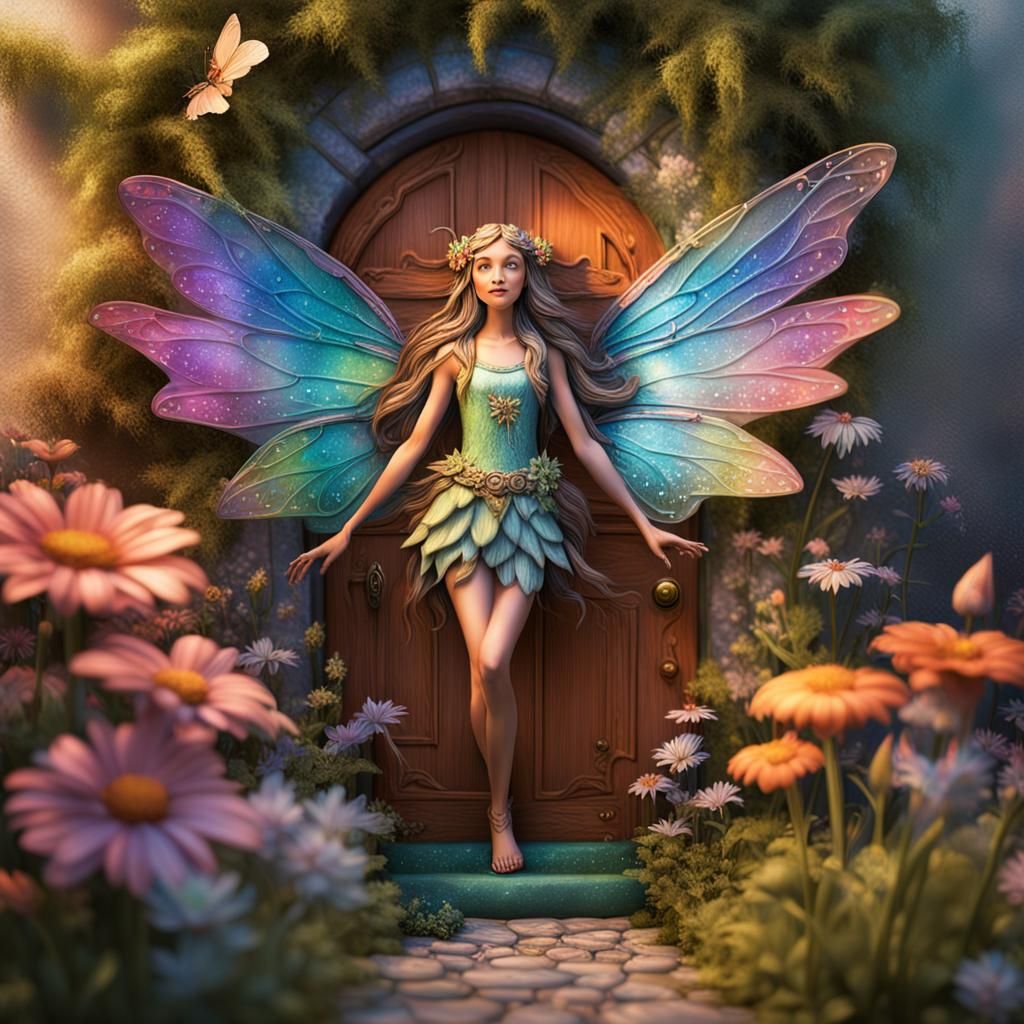 Happy Fairy in Miniature Garden Scene