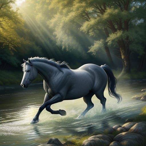 Grey Horse Running Through Stream: Vibrant Oil Painting