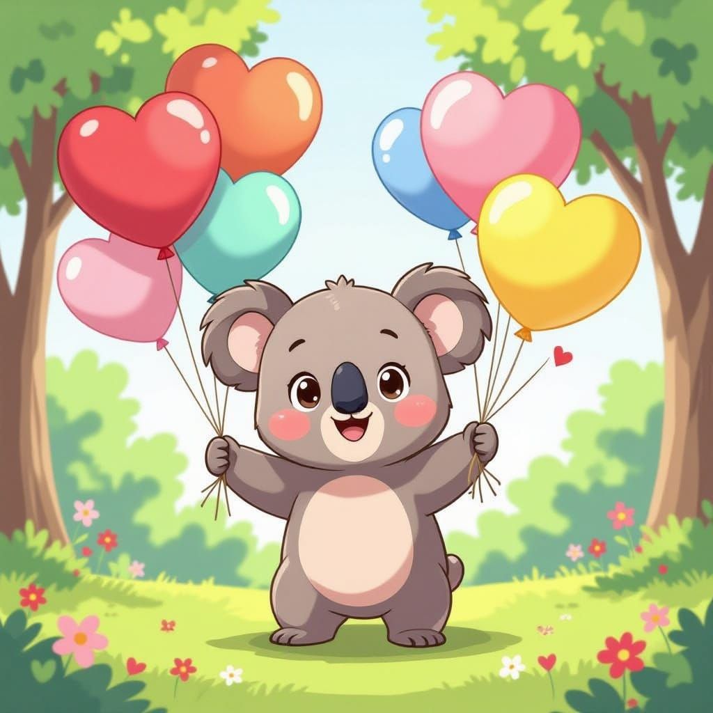 Anime Koala Character with Heart Balloons