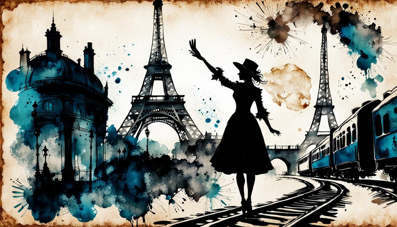 Parisian Girl Silhouette in Steampunk Ink Painting
