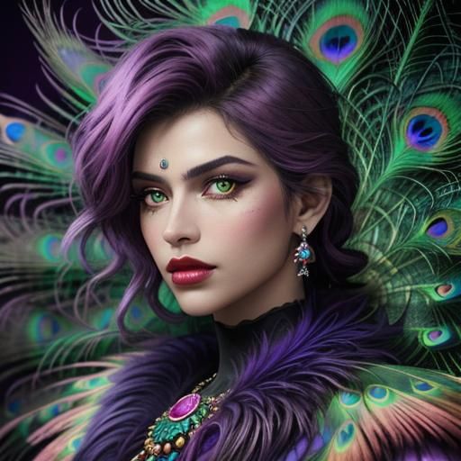 Peacock Haired Woman in Vivid Cinematic Style