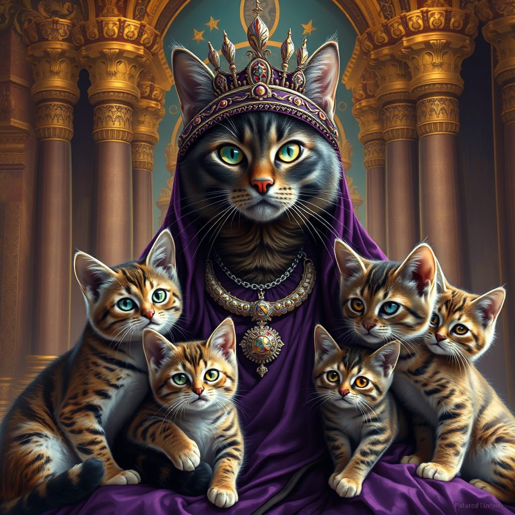 Egyptian Queen Cat and Kittens in Lavish Palace