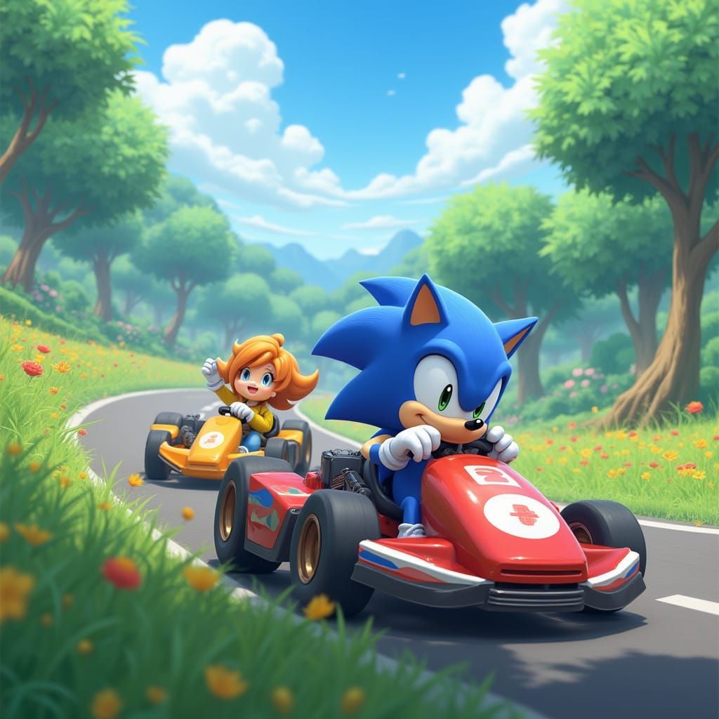 Mario and Sonic Go-Kart Race in Ghibli Style