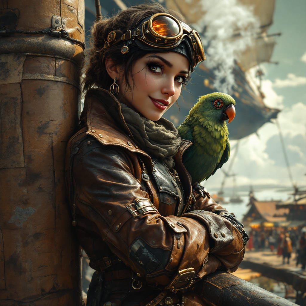 Human Sky Pirate with Mechanical Parrot