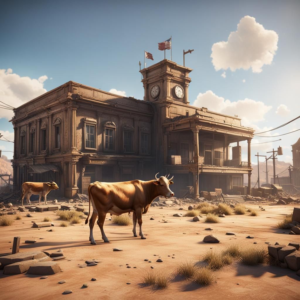 Post-Apocalyptic Town Hall with Cow in 3D