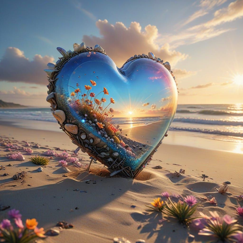 Glass Heart Radiates Peace Amidst Vibrant Tropical Bloom