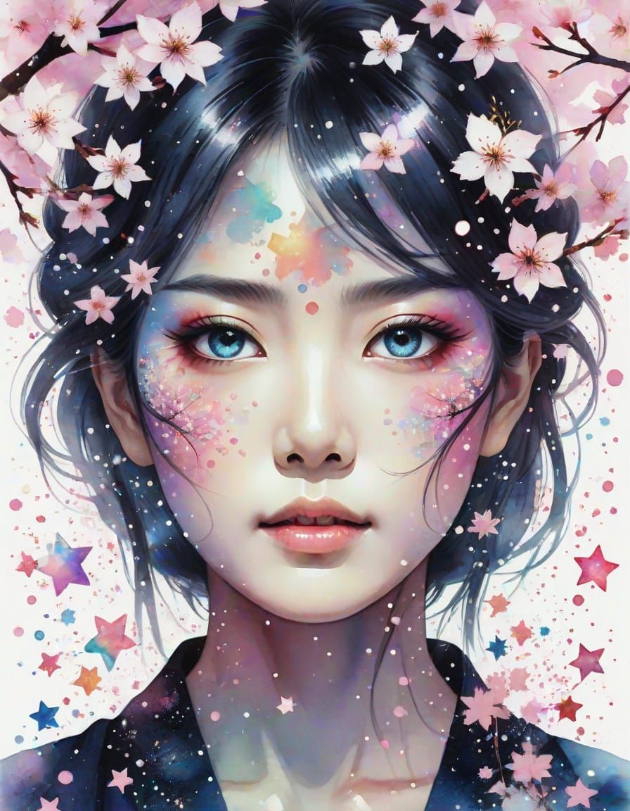 Japanese Woman with Sparkling Eyes and Cherry Blossoms
