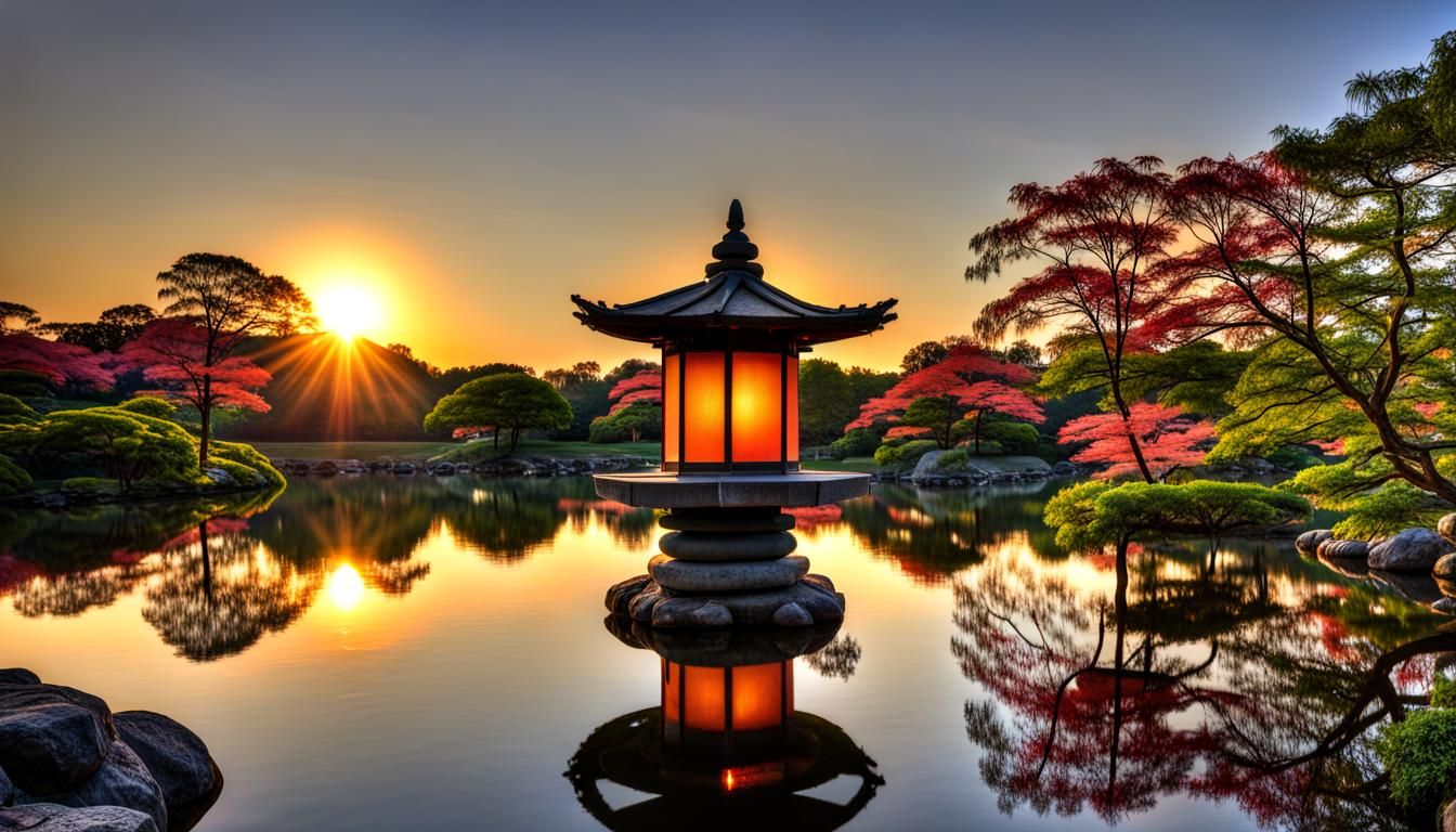 Japanese Lantern in Tranquil Garden at Sunset