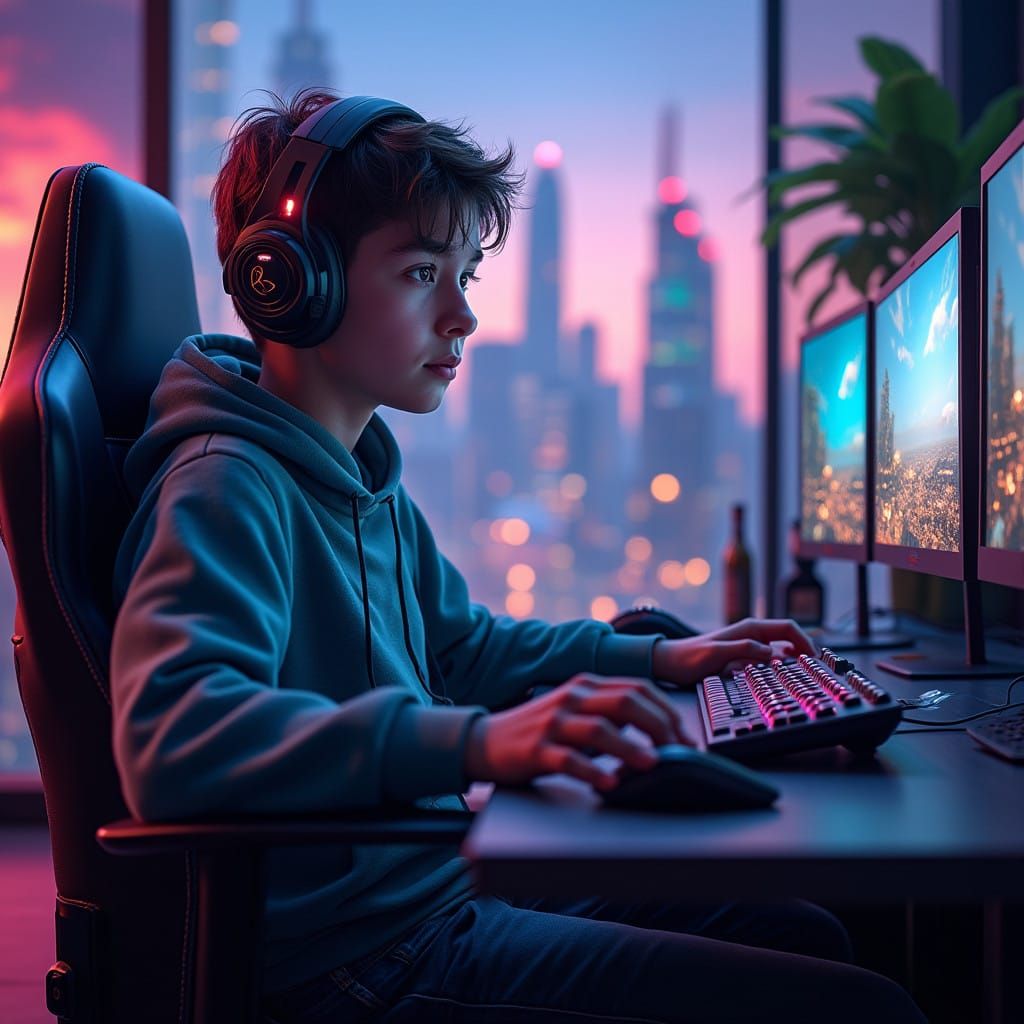 Gamer in a Futuristic Gaming Lair