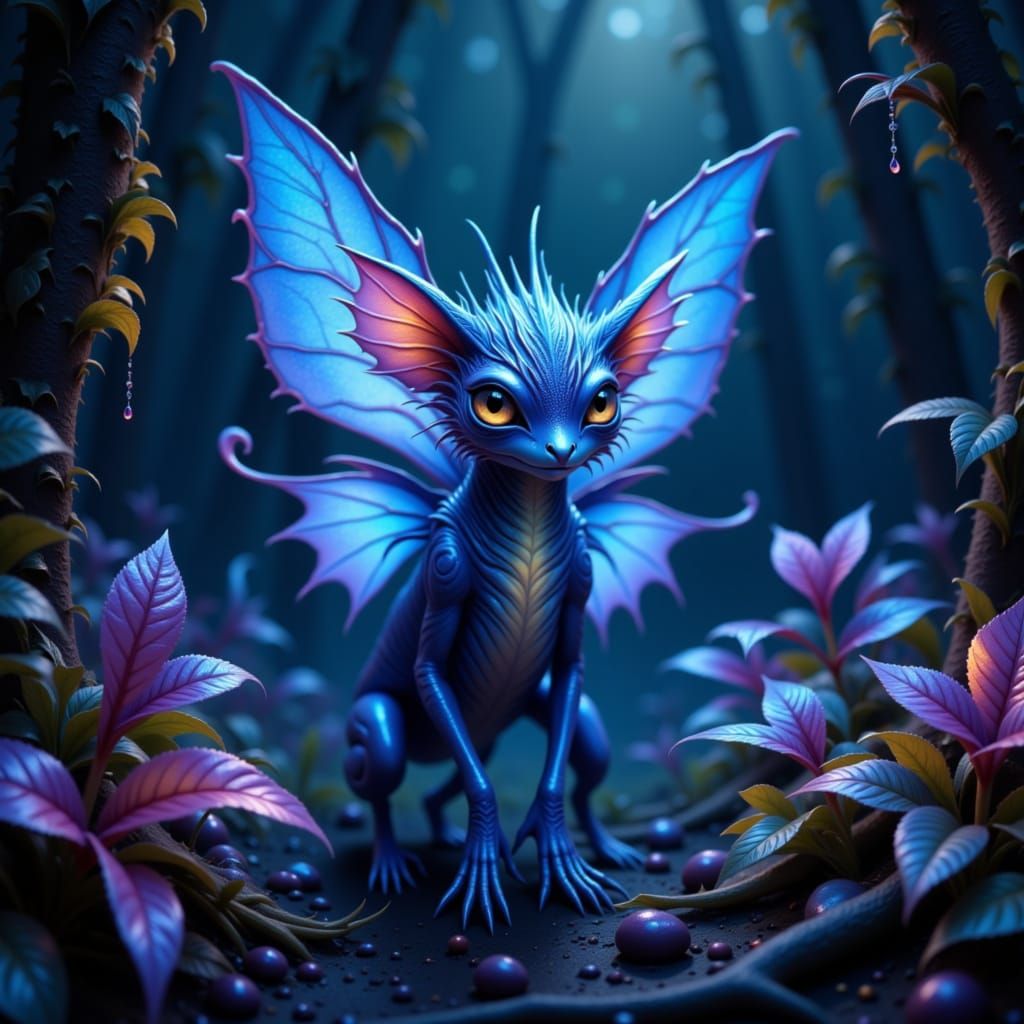 Fantastical Creature in Bioluminescent Forest Digital Painti...