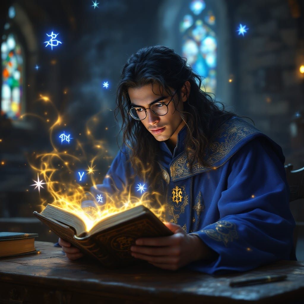 Mystical Young Sorcerer Studies Ancient Runes in a Medieval ...