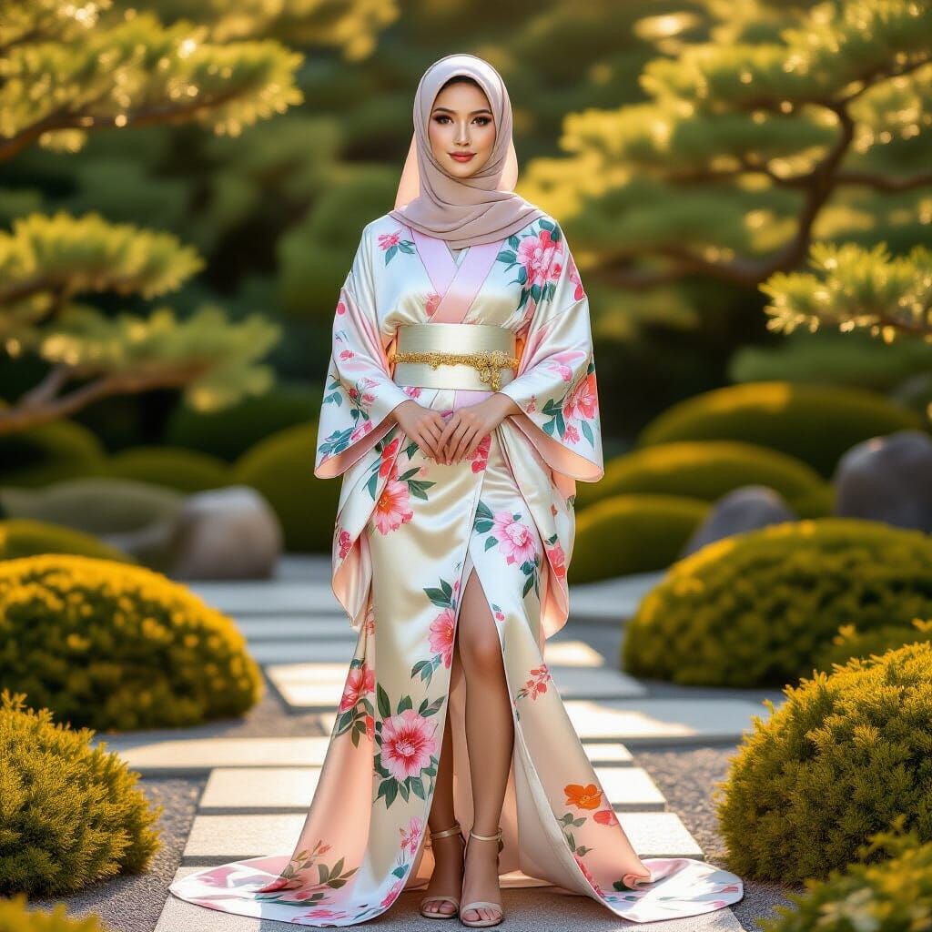 Elegant Malay Woman in Pastel Silk Kimono