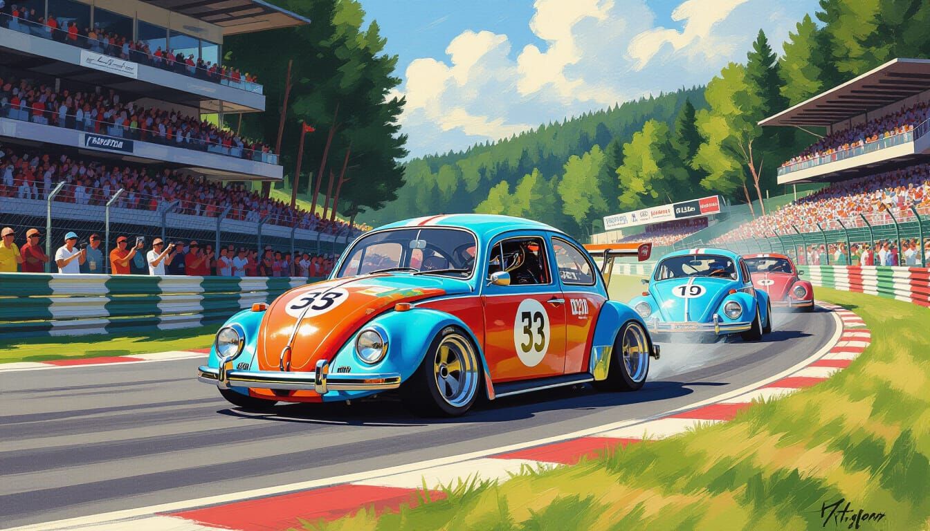 1973 VW Beetles Racing at Spa in Impressionist Style