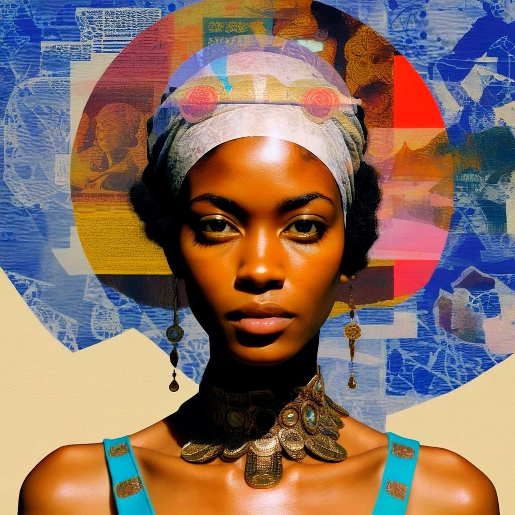 portrait, woman, glitchy, decoupage, afrofuturism, mixed media collage, Kanchan Mahon,