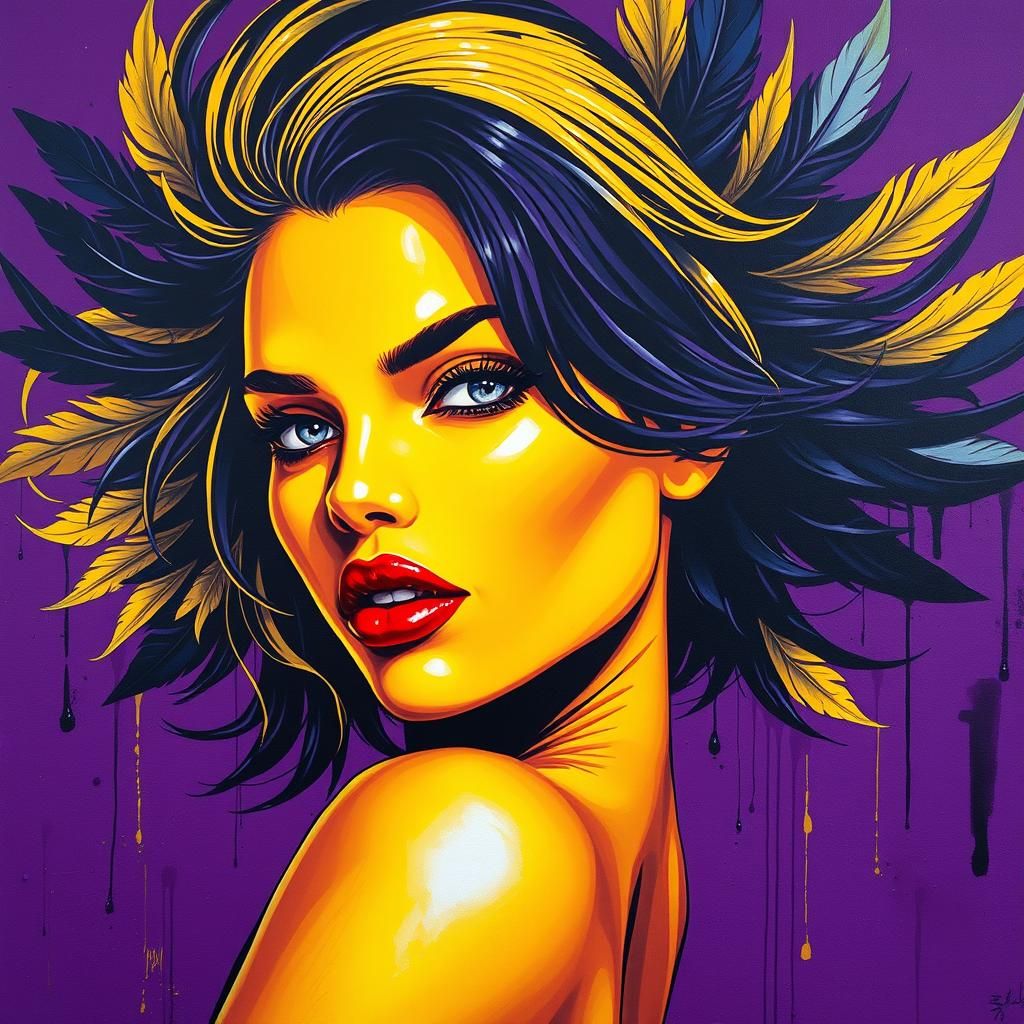 Vibrant Woman with Feathers in Graffiti Street Art Style