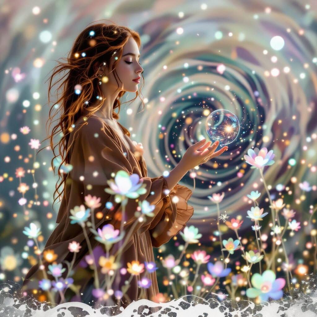 Woman in Bioluminescent Field Touching Orb of Light