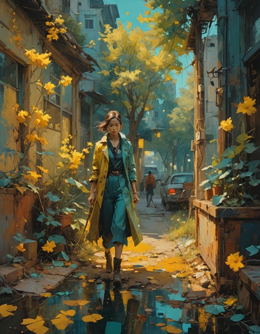 Figurative Art Painting with Blue and Yellow Tones