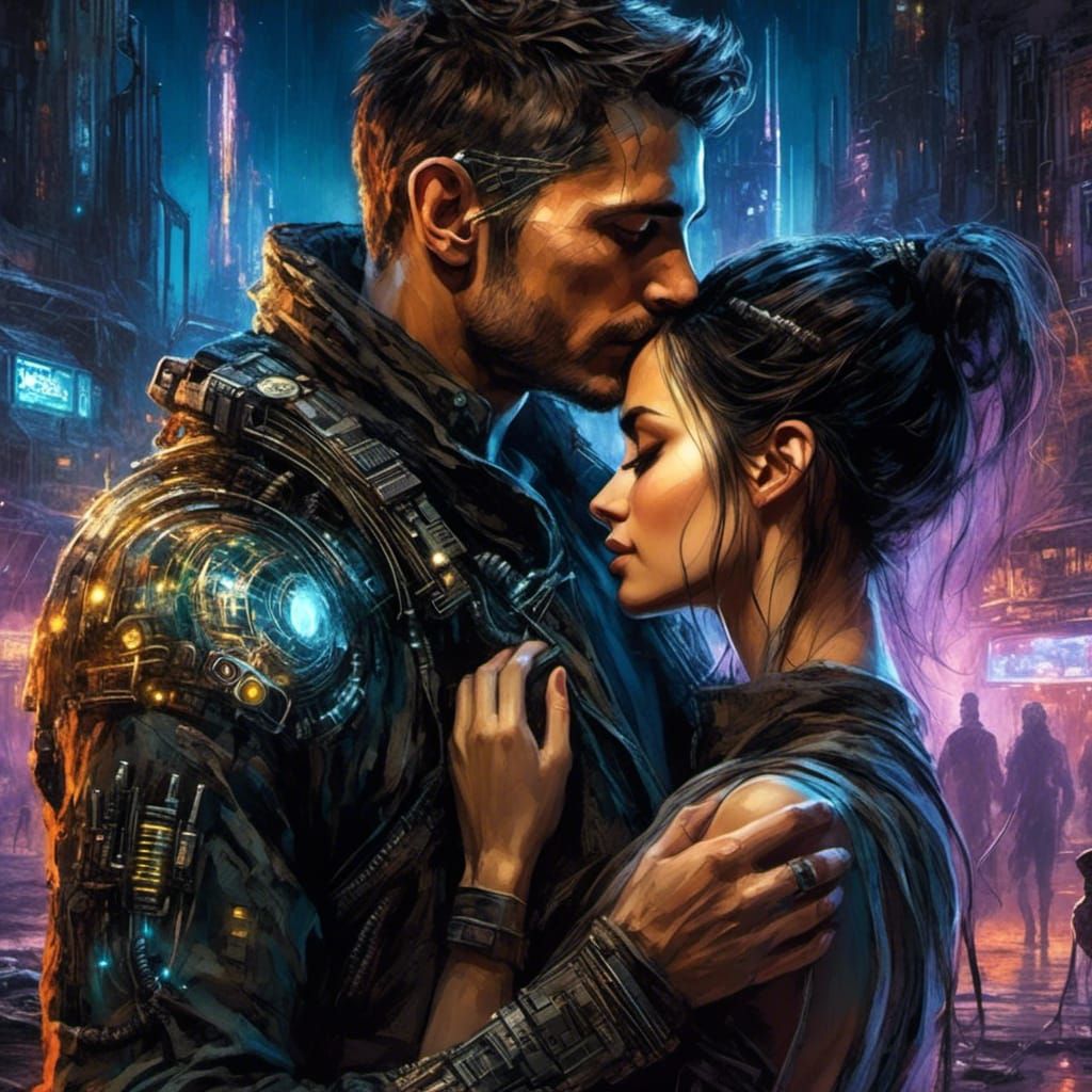 Cyberpunk Lovers Embrace in Dystopian Wasteland