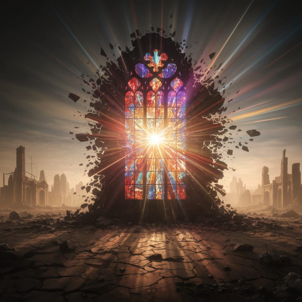Vibrant Stained Glass Explosion Illuminates Desolate Apocaly...
