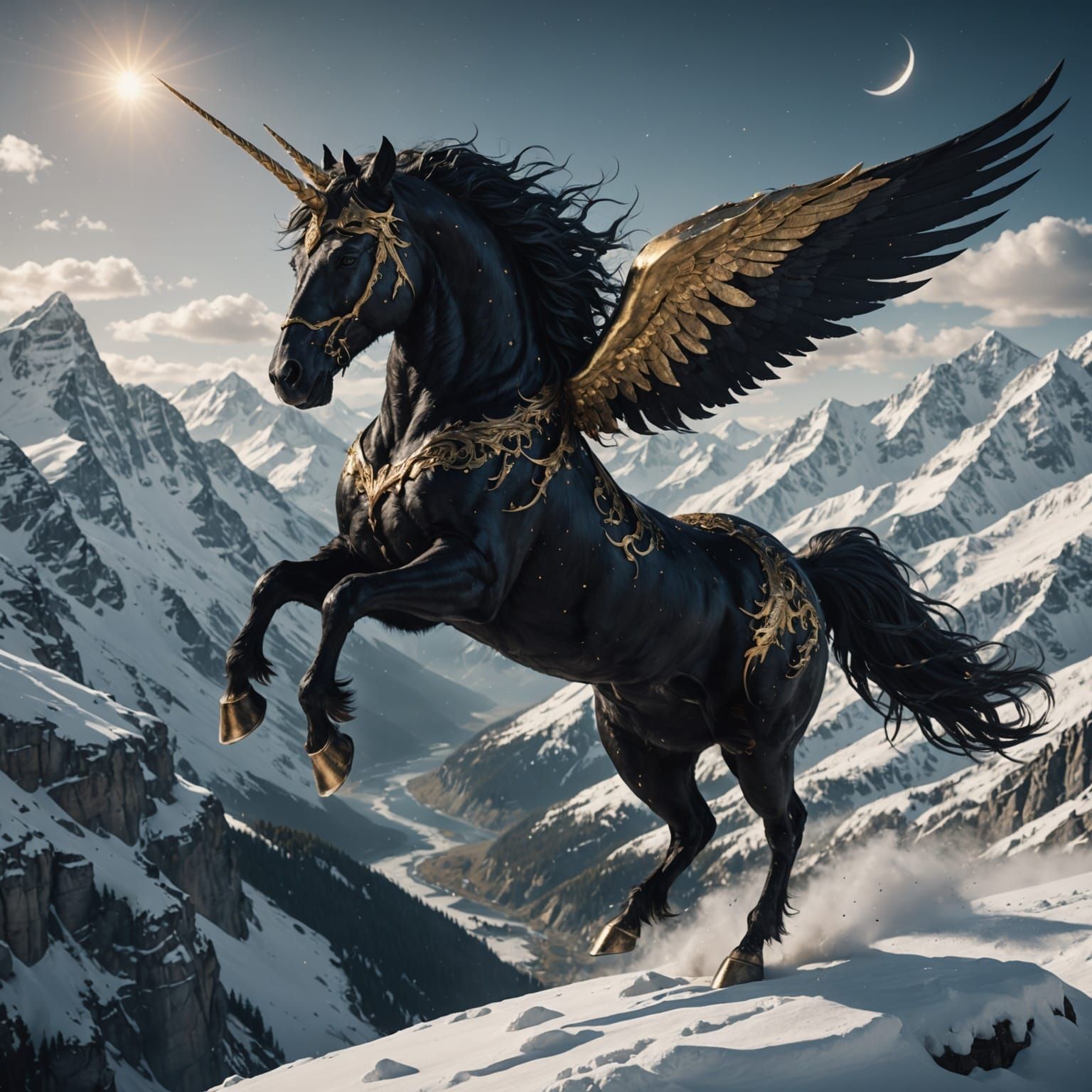 Ethereal Nightmarish Unicorn Spreads Wings Above Snowy Mount...