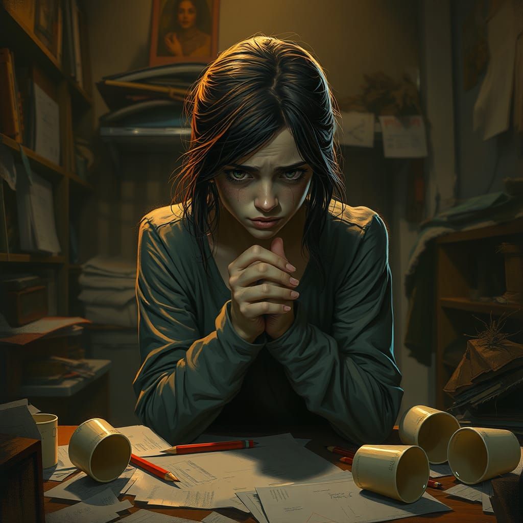 Frustrated Woman in Dimly Lit Room