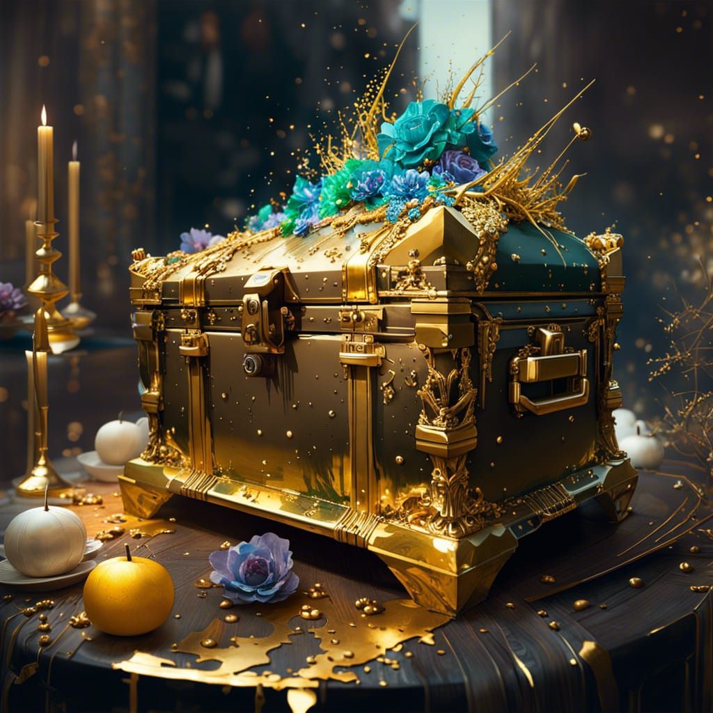 Gold Treasure Chest Wedding Cake, Fine Art Style