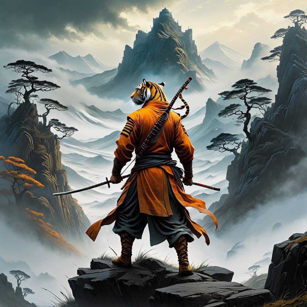 Surreal Tiger Shaolin Monk in Mystical Mountains