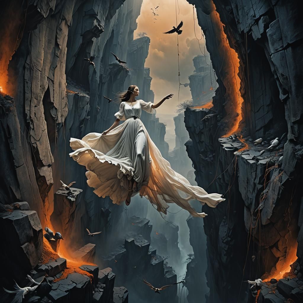 Dark Fantasy: Girl Suspended Above Crevice