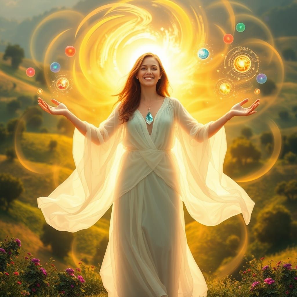 Radiant Woman Embracing Joy in Dreamlike Landscape
