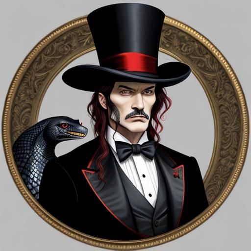 black snake wearing a top hat, red satin background